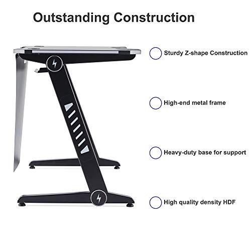 GLCHQ Gaming Desk RGB Led Light PC Computer Gamer Desks Stand Ergonomic Durable Z-Shaped Leg Frame Steel Home Office Workstation Headphone Hook Black