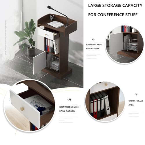 Yadlan Solid Wood White Podium Stand with Microphone Holder and Storage Cabinet