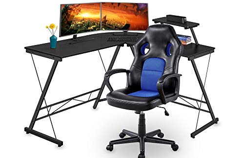 Yaheetech Corner Computer Desk and Video Game Chair Set for Small Space/Bedroom, L Shaped Corner Gaming Desk with Monitor Stand and High Back Ergonomic Gaming Chair, Home Office Desk & Chair Set