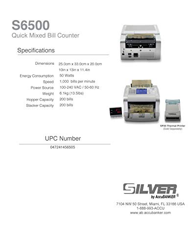 SILVER by AccuBANKER S6500 Cash Counter Money Counter Machine Quick Mixed Denomination Bill Counter with Counterfeit Detector UV, MG, Infrared, Size & Metal Thread (S6500)
