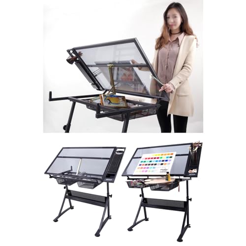 TemkIN Height Adjustable Glass Topped Drafting Table with Drafting Stool