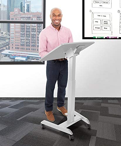 Stand Steady Mobile Podium Desk | Pneumatic Height Adjustment | Tilting Desktop | Rolling Laptop Stand | White