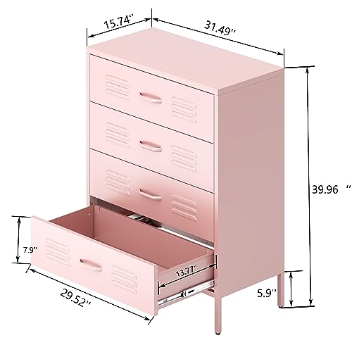 WZONICE98 Metal Storage Cabinet with 4 Drawers, Pink - Bedroom & Office Organization