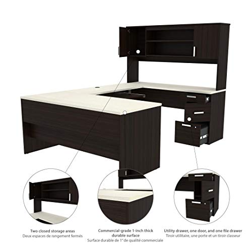 Bestar Ridgeley U-Shaped Executive Desk with Pedestal and Hutch 65W in White Chocolate