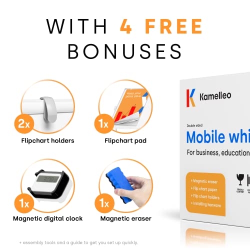 Magnetic Mobile Whiteboard 70” x 36” - Double-Sided, Height-Adjustable - 4 Free Accessories (A1 Flipchart & Holders/Eraser/Clock) - 2X More Stain-Resistant, No Ghosting | White Frame