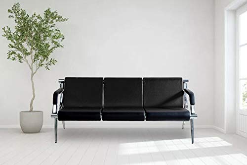 LIK.TOPPER Airport Office Reception Sofa, 3-Seat Airport Waiting Room Chair, Salon Office Bench with Arm Furniture Business PU Leather, Black