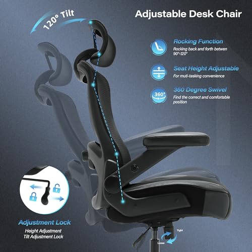 Coolka Big and Tall Office Chair 500lbs - Ergonomic Mesh Desk Chair with Adjustable Lumbar Support, Headrest, 3D Flip Up Arms, Metal Base - High Back Executive Computer Chair, Extra Wide Seat, Black