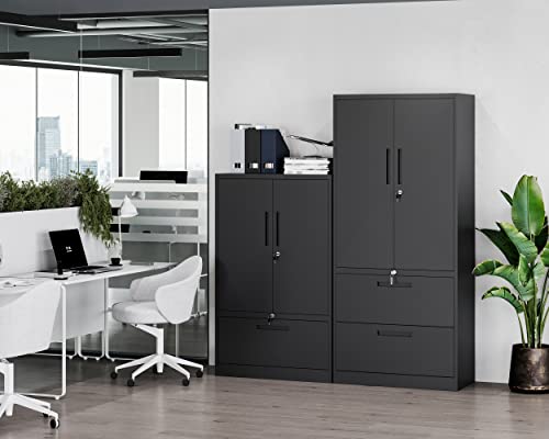 Letaya Metal File Cabinet with Lock, 2 Drawers, Adjustable Shelves - Black