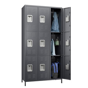 SUXXAN 72" Tall Metal Storage Lockers with 9 Doors, Hooks, Dark Gray