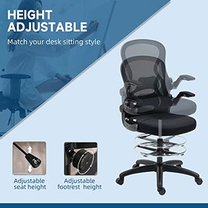 MDybf Ergonomic Drafting Chair with Flip-up Armrests, Mesh Design, Lumbar Support, Footrest Ring - Black Journey