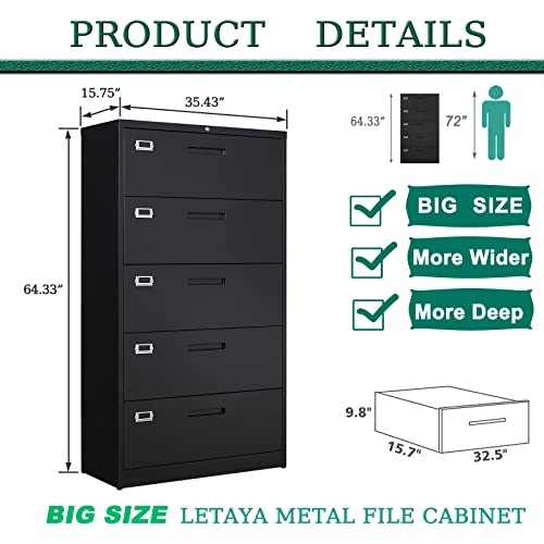 Letaya 5 Drawer File Cabinet with Lock - Metal Lateral Filing Cabinet for Home Office - Black