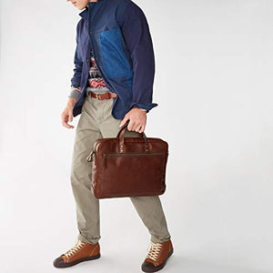 Fossil Men's Haskell Leather Double Zip Briefcase Messenger Laptop Bag, Cognac