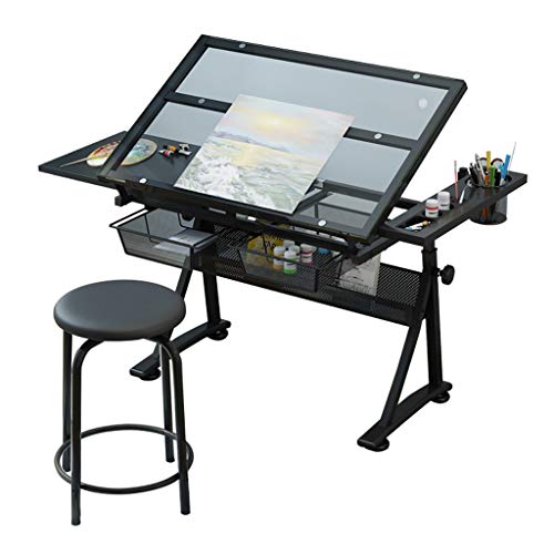 Lgan Tiltable Drawing Table, Adjustable Art Desk, with Storage Craft Table, Drafting Table Glass Panel, Child Adult Drawing Desk
