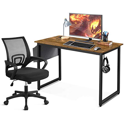 YAHEETECH Home Office Desk & Chair Set 47" Industrial Computer Desk with Storage Bag, Ergonomic Mesh Office Chair Ergonomic Desk Chair Mid-Back Big Computer Chair, Rustic Brown & Black