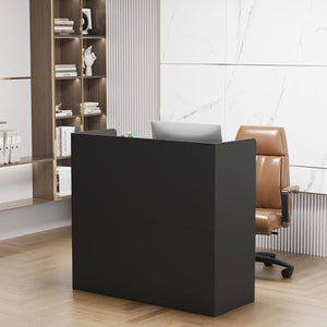 MOUMON Reception Desk Counter with Large Storage, Silver Tapes, Black (47.3”W x 18.3”D x 43.3”H)