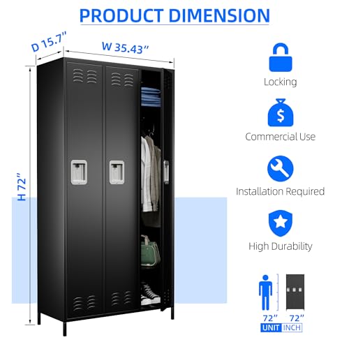 METAN Metal Locker with 3 Doors and 2 Shelves, Black - Industrial Storage Cabinet