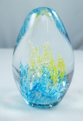 M Design Art Handcraft Bubbling Blue and Yellow Coral in Egg Paperweight PW-633 [Kitchen]