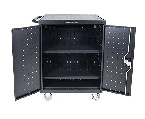 DMD Deluxe Mobile Charging and Storage Cart, Holds 32 Devices with up to 17" Display, Multiple iPad, Tablet, Laptop, Notebook and Chromebook Charging Station / Security Cabinet with Timer