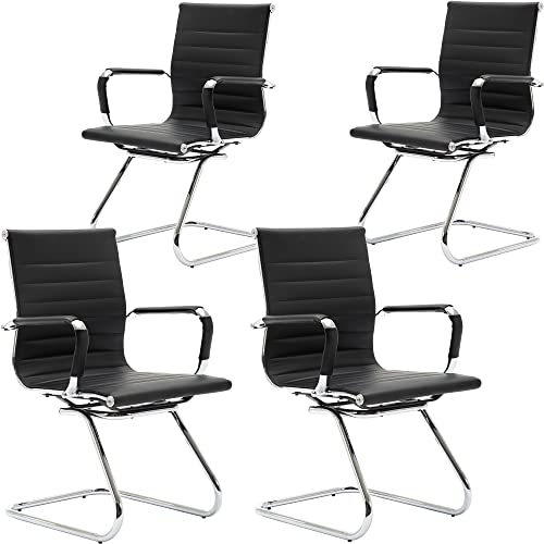 Wahson Office Guest Chairs, 4 Pack Set, Faux Leather, Sled Base, Black