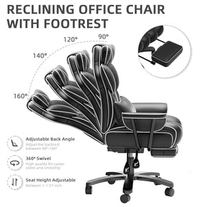 GXJ Big and Tall Reclining Office Chair 400LBS with Footrest, High Back Executive Desk Chair for Heavy People - Black