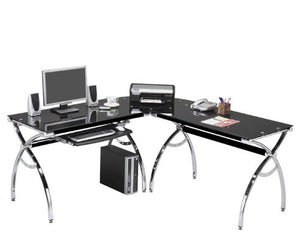 Corner Computer Desk Black Glass L-shaped W/ Keyboard Tray and Workspace Contemporary Modern Niche Home Office Space L Shaped Nook