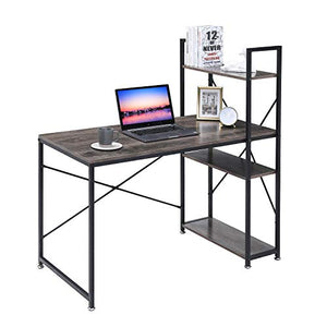 【US Stock】 Computer Desk with Storage Shelves, Home Office Desk PC Workstation, Reversible Study Writing Table with Adjustable Bookshelf, Modern Simple Style, Easy Assembly (Light Brown)