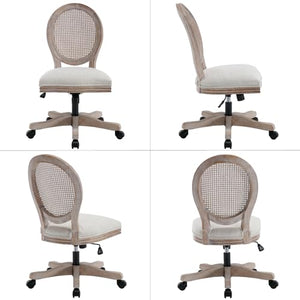 LukeAlon Rattan Back Linen Office Chair with Adjustable Height and Swivel Function