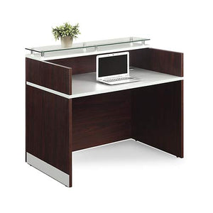 Esquire Glass Top Reception Desk 48"W x 32"D Mahogany Laminate/Silver Laminate Desktop Kickplate and Accents/Glass Top