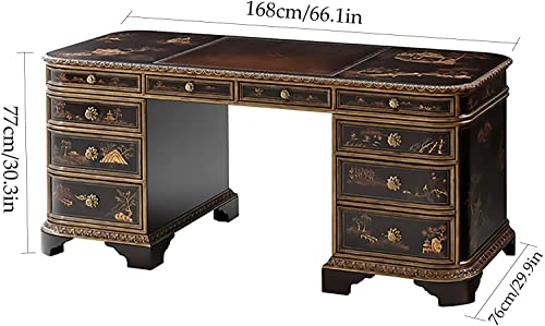 Executive Office Desk Solid Wood Classical Black Painted Computer Desk with Large Storage Drawer 66.1X29.9X30.3Inches