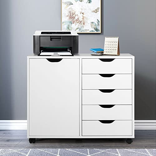 Hallway Entryway Closet Storage Stand 5-Drawer Dresser Chest Mobile Storage Side Cabinet Printer Stand Office White