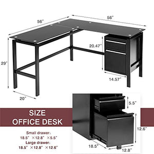 Black L Shaped Computer Desk for Home Office, 56" Large Glass L Desk with Storage Drawers, Study Modern Simple Corner Desk Table for Writing PC Laptop Gaming Workstation (Metal Steel)
