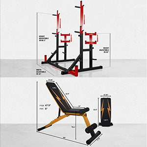 STOZM Combo Barbell Rack & Adjustable Weight Bench with Foldable Design for Weight Lifting & Full Body Workout – 14-Gauge Steel Frame (Red/Amber)