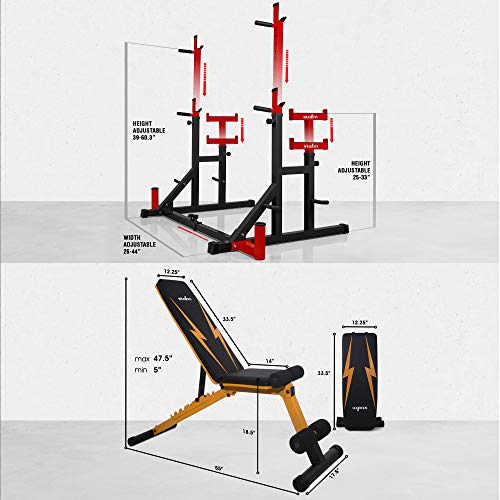 STOZM Combo Barbell Rack & Adjustable Weight Bench with Foldable Design for Weight Lifting & Full Body Workout – 14-Gauge Steel Frame (Red/Amber)