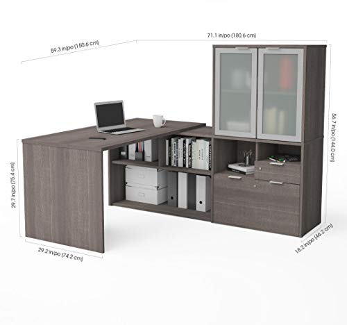 Bestar L-Shaped Desk with Frosted Glass Doors Hutch - i3 Plus