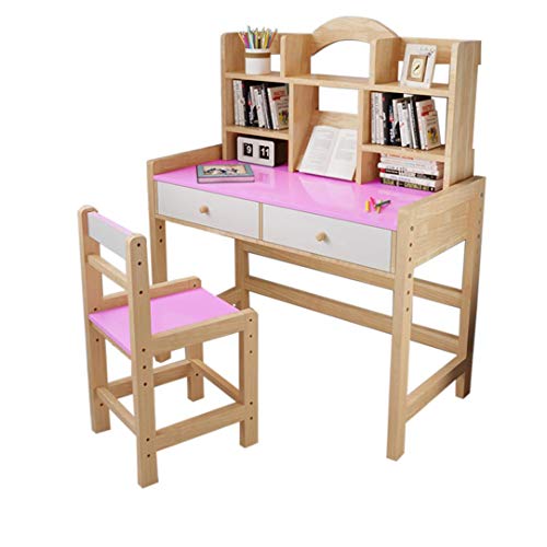 TOUNTLETS Teen Wooden Desk and Chair Set Girl Writing Desk 32" Home Office Desk for Bedroom,Wooden Desk for Student Home Study & Office Computer Desk w/Drawers & Bookshelves,Adjustable Height (Pink)