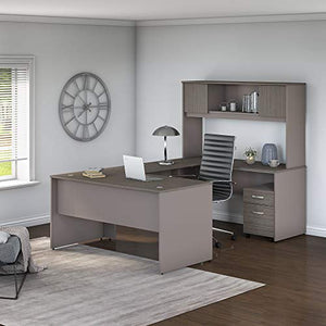 Bush Furniture Commerce 60W U Shaped Desk with Hutch and Mobile File Cabinet in Cocoa and Pewter