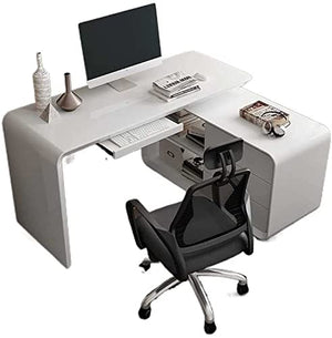 SYLTER Modern White Office Conference Computer Desk with Bookshelves and Drawers