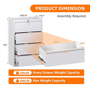 Aobabo 35.55" Wide 4 Drawer White Metal Lateral File Cabinet with Lock