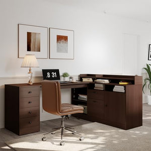 Melidee L Shape Desk - Executive Desk with Drawers, Cabinet Storage, Charging Station & USB Ports