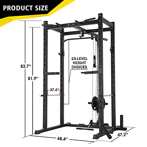Mikolo Olympic Power Cage, 1000 lbs Commercial Weight Cage with LAT Pull-Down Pulley System, J-Hooks, 360 Degree Landmine, Dip Bars, Barbell Holder, and Other Attachments for Home Gym