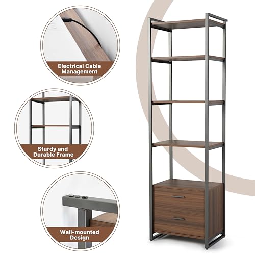 EUREKA ERGONOMIC Tall Bookshelf with 2 Drawers, 85" 5-Tier Walnut Bookcase