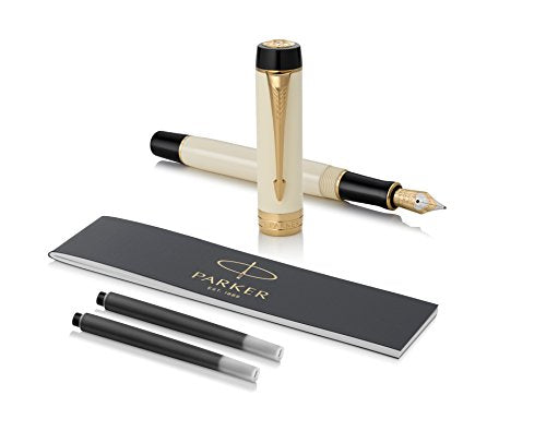 PARKER Duofold Centennial Fountain Pen, Classic Ivory & Black, Medium Solid Gold Nib, Black Ink and Convertor (1931392)