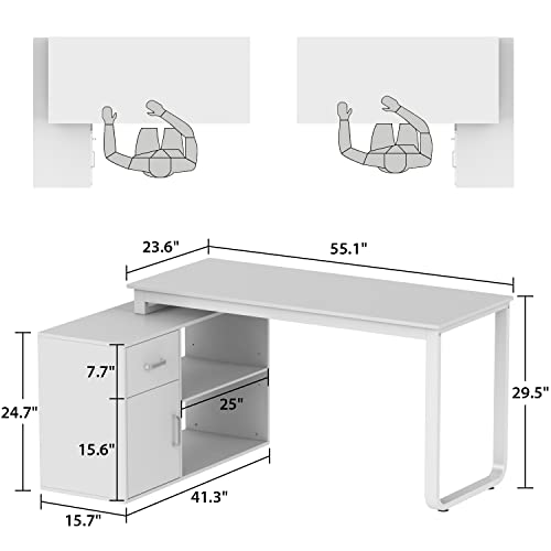 Homsee L-Shaped Home Office Computer Desk with Drawer, Shelves, and Storage Cabinet - White (55.1" x 41.3" x 29.5")
