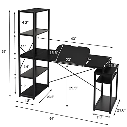 Computer Desk with 5-Tier Shelves, 3 in 1 Bookshelf, Computer Desk, and Main Frame, 47.2" Drafting Drawing Table with 60° Tiltable Tabletop, PC Laptop Table Study Workstation for Home Office (Black)