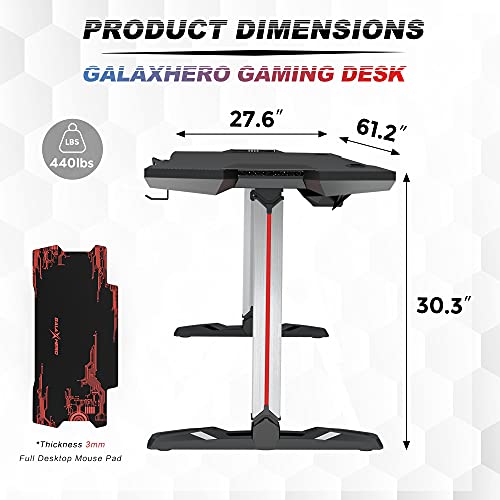 GALAXHERO Gaming Desk, 61.2'' Computer Desk with RGB LED Lights and Aluminum Alloy Legs, Gamer Workstation with Carbon Fiber Texture Surface and Full Size Mouse Pad