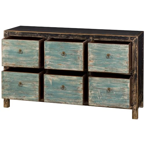 ChinaFurnitureOnline Elmwood Chinese File Cabinet, 6 Drawers Ming Style Blue/Black