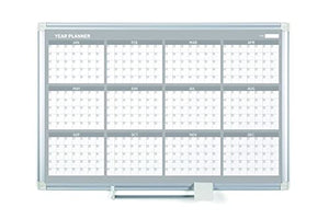 MasterVision Magnetic Dry Erase 12 Month Yearly White Board Planner, Wall Mounting, Sliding Marker Tray, 36" x 48", Aluminum Frame (GA05106830), 3' x 4'
