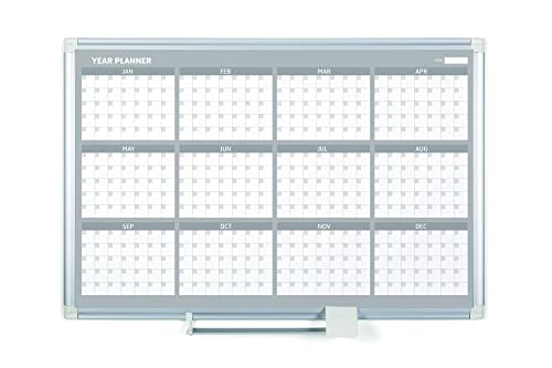 MasterVision Magnetic Dry Erase 12 Month Yearly White Board Planner, Wall Mounting, Sliding Marker Tray, 36" x 48", Aluminum Frame (GA05106830), 3' x 4'