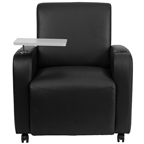 Flash Furniture Black Leather Guest Chair with Tablet Arm, Front Wheel Casters and Cup Holder