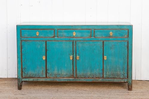 Lschool Antique Painted Sapphire Credenza - Distressed Aqua Blue Sideboard